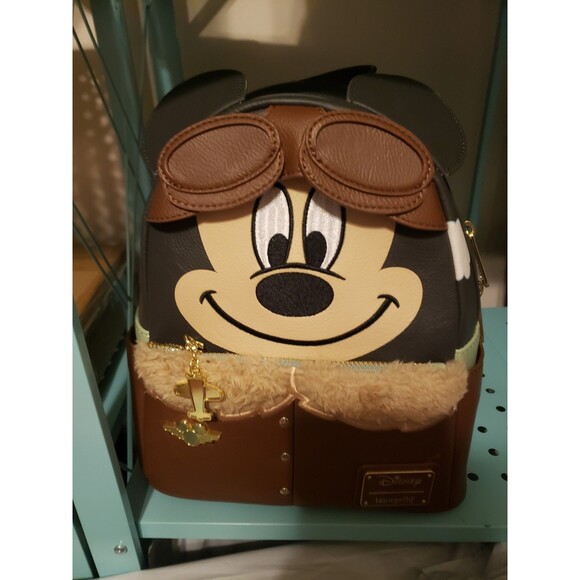 Loungefly Disney Mickey Mouse Aviator Mini Backpack Goggles Fur Trim